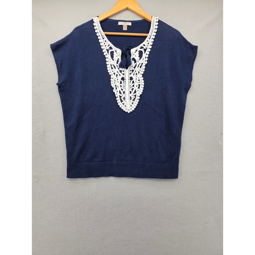 Roz & Ali Navy Blue Crochet Lace Bib Cotton Sweater Vest Top Tassel Small S